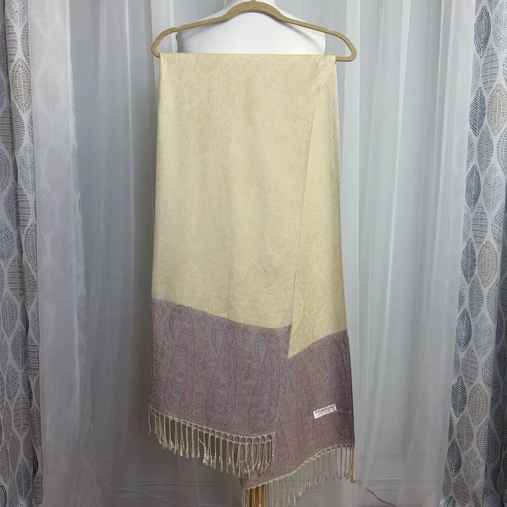 Pashmina 100% Cashmere Scarf Stole Wrap Shawl Paisley Beige Purple 72x28